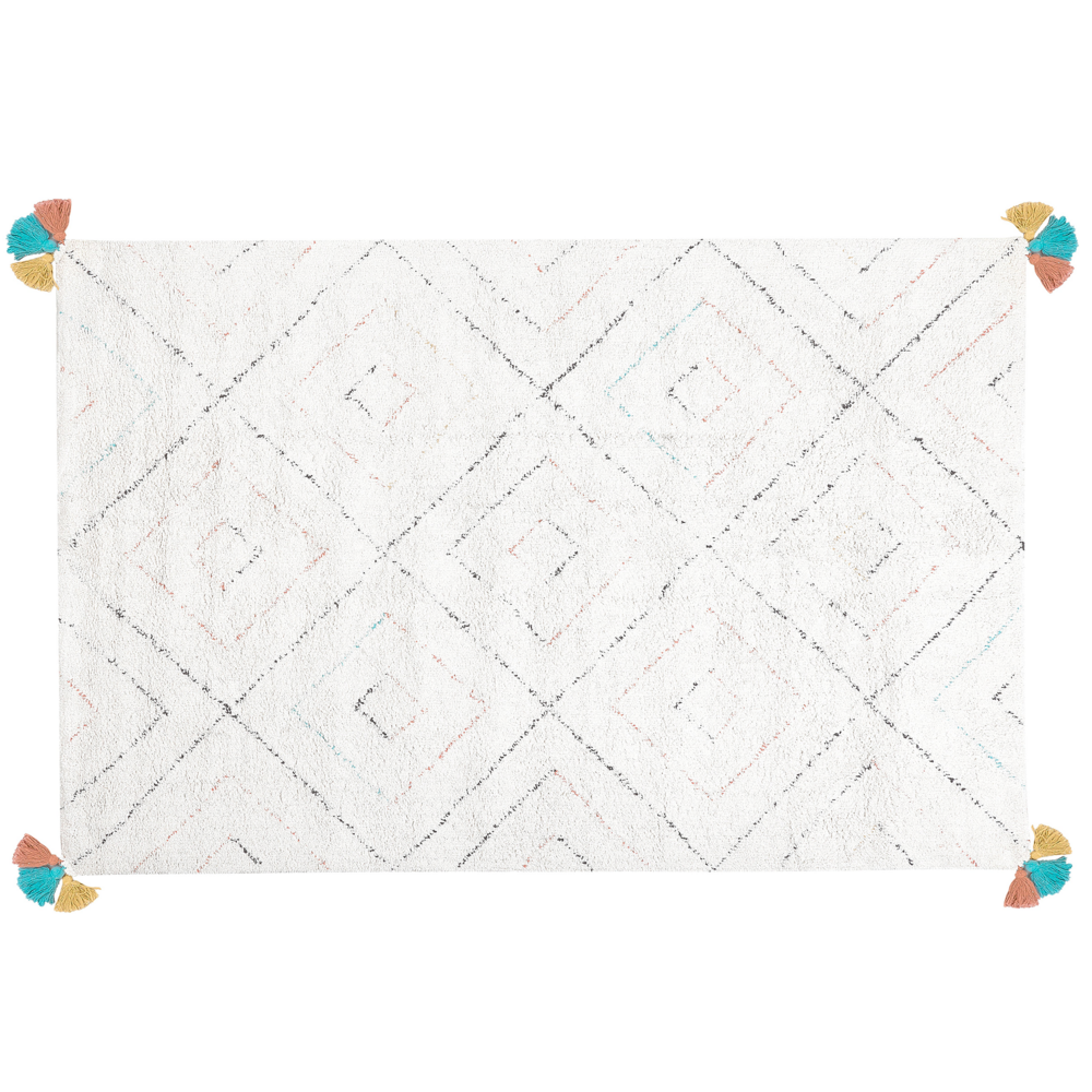 Tappeto tappetino Shaggy Cotone Bianco 140 x 200 cm Motivo Geometrico Multicolore