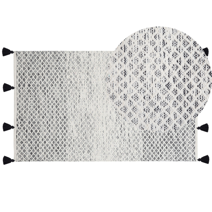 Tappeto bianco e Nero in lana 80 x 150 cm con nappe motivo geometrico a rombi intrecciato a mano a trama piatta