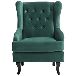 Sedia Wingback con rivestimento in velluto verde e gambe nere in stile scandinavo