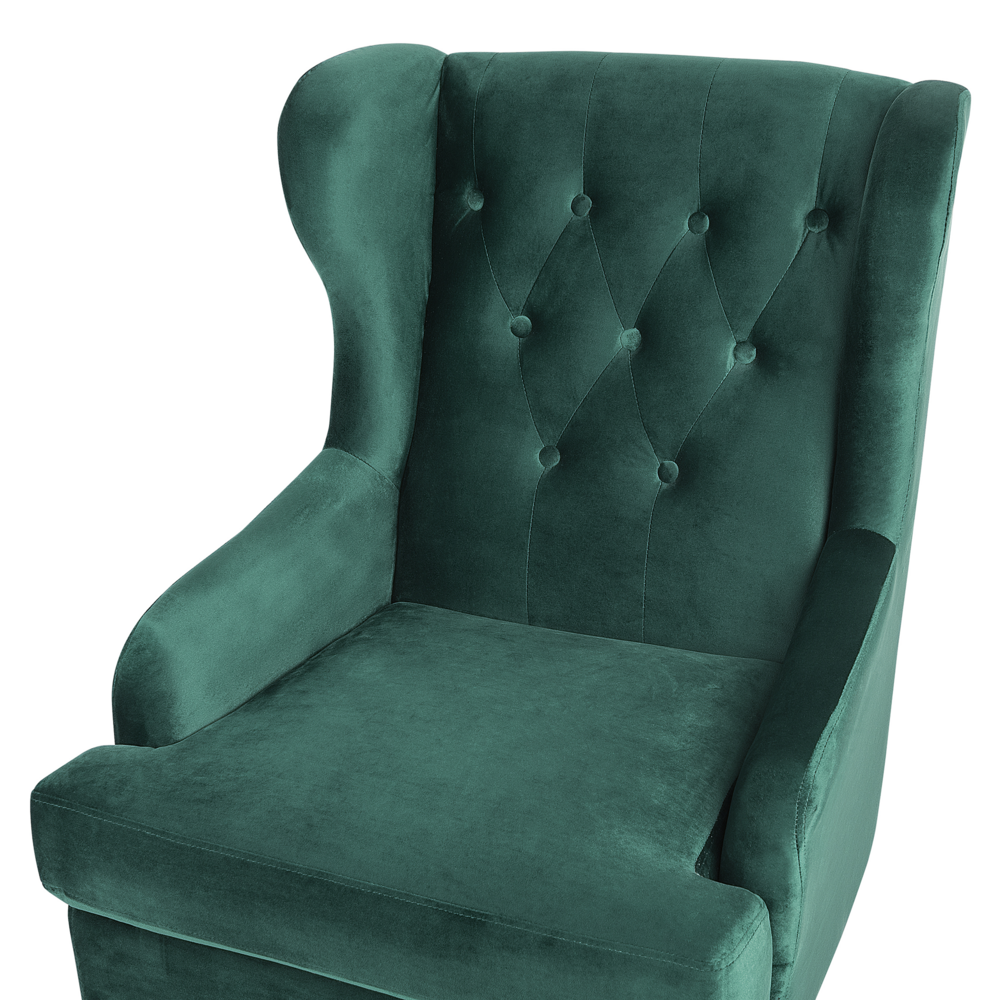 Sedia Wingback con rivestimento in velluto verde e gambe nere in stile scandinavo
