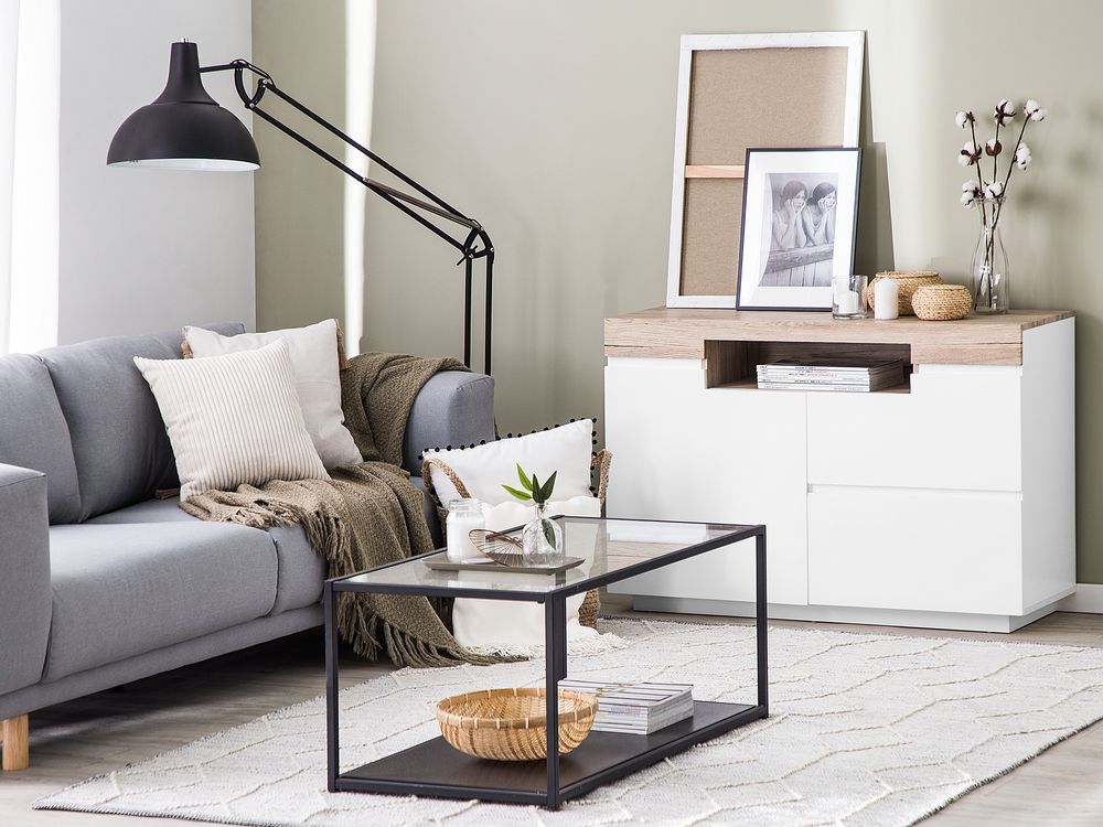 Madia credenza Bianca e Legno Chiaro 75 x 110 x 40 cm con Mobiletto e 2 Cassetti