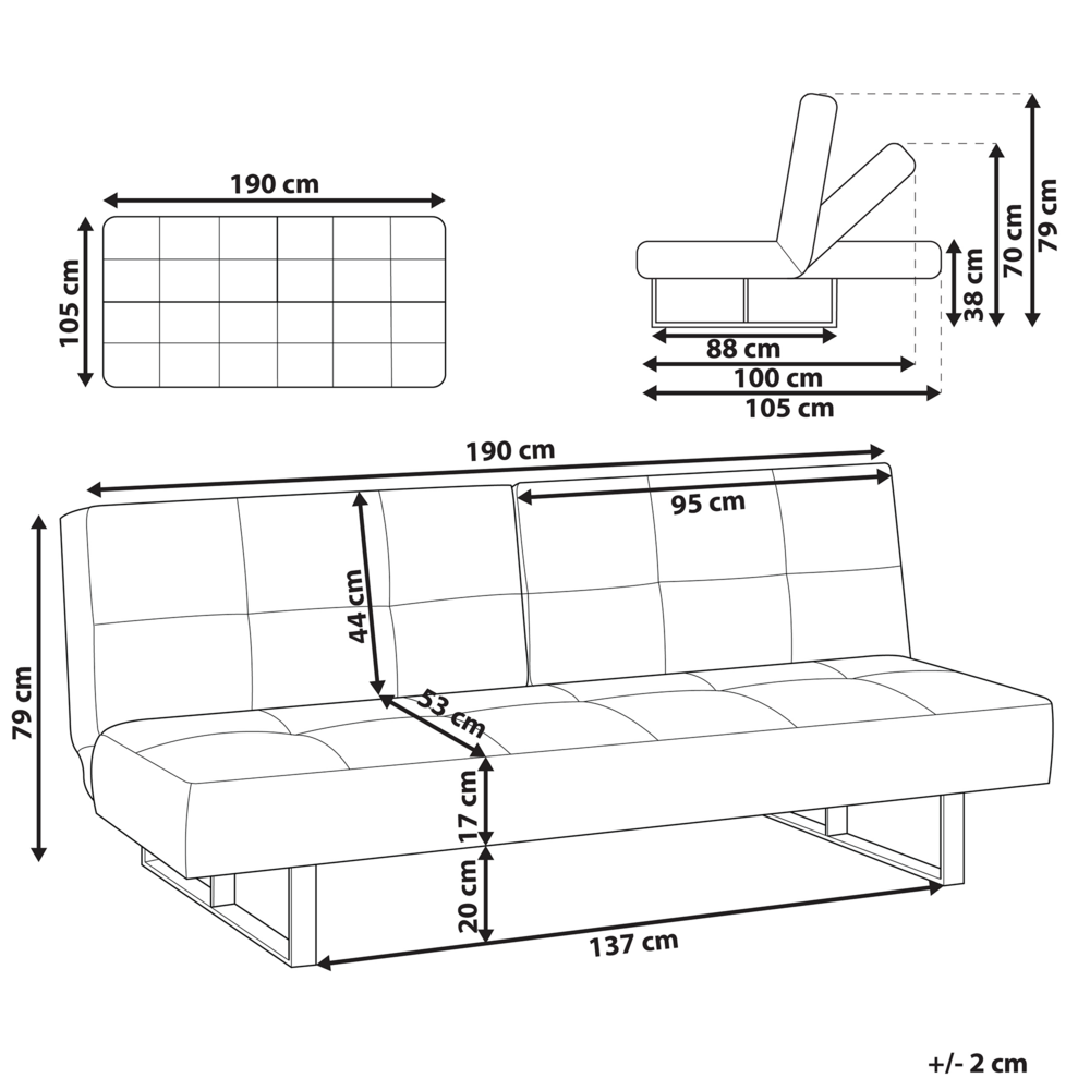 Divano Letto Rivestimento In Tessuto Blu 3 Posti Schienale Reclinabile Divisibile