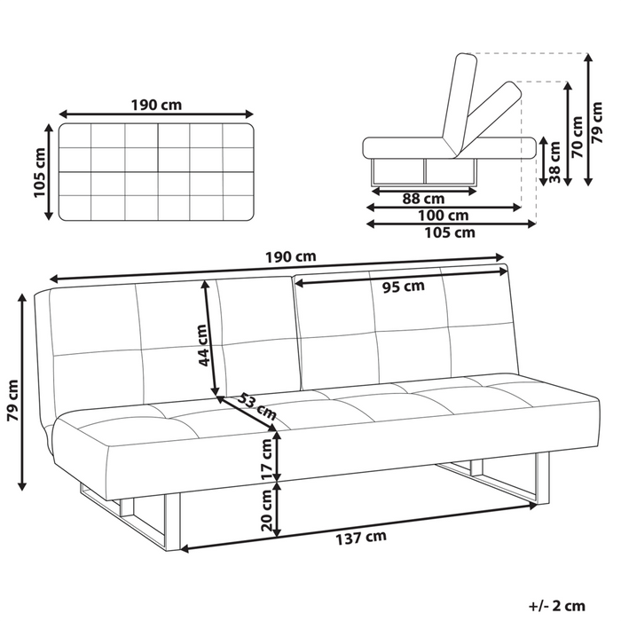 Divano Letto Rivestimento In Tessuto Blu 3 Posti Schienale Reclinabile Divisibile