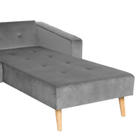 Divano letto ad angolo con 3 cuscini Rivestimento in velluto grigio Gambe in legno chiaro Chaise longue reclinabile sinistra a 4 posti