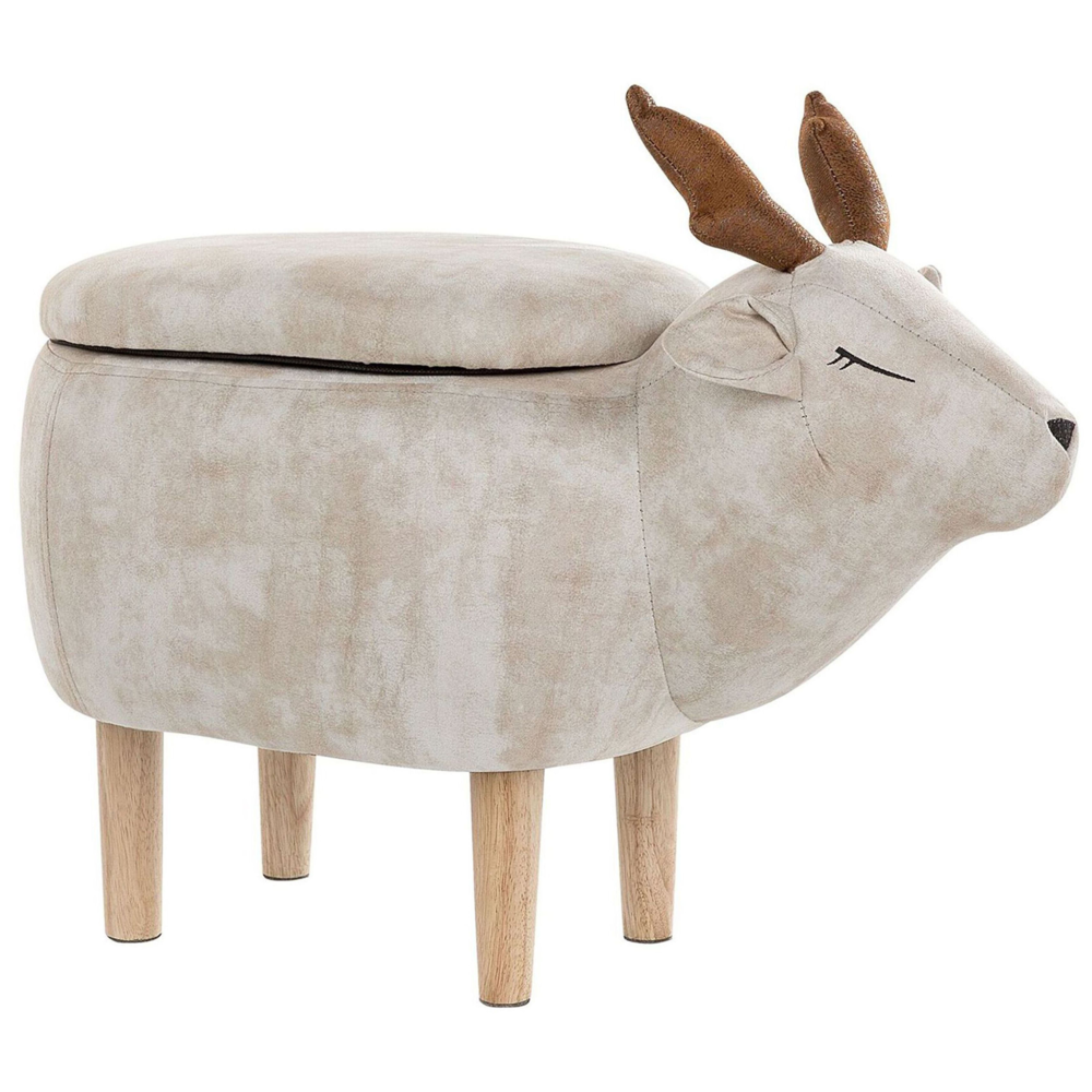 Sgabello per bambini con animali renna Tessuto in poliestere beige Gambe in legno imbottite contenitore Poggiapiedi per asilo nido