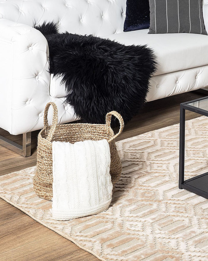 Tappeto Beige Viscosa 140 x 200 cm Motivo Geometrico Tessuto a Mano Flatweave