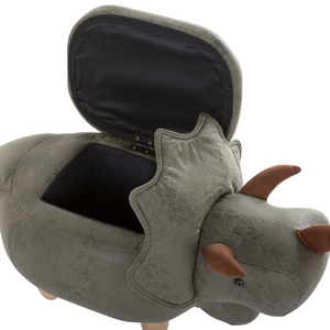 Animale Triceratopo Sgabello per bambini Tessuto in poliestere verde scuro Gambe in legno imbottite contenitore Poggiapiedi