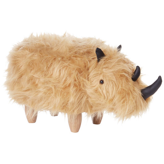 Sgabello per bambini con animali Rhino Sand Beige Pelliccia sintetica con gambe in legno imbottite Poggiapiedi per la cameretta dei bambini