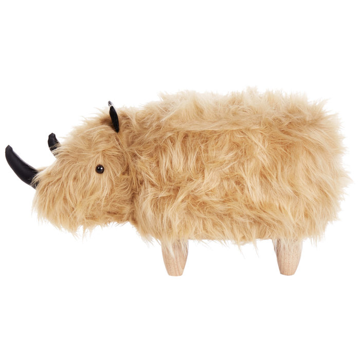 Sgabello per bambini con animali Rhino Sand Beige Pelliccia sintetica con gambe in legno imbottite Poggiapiedi per la cameretta dei bambini