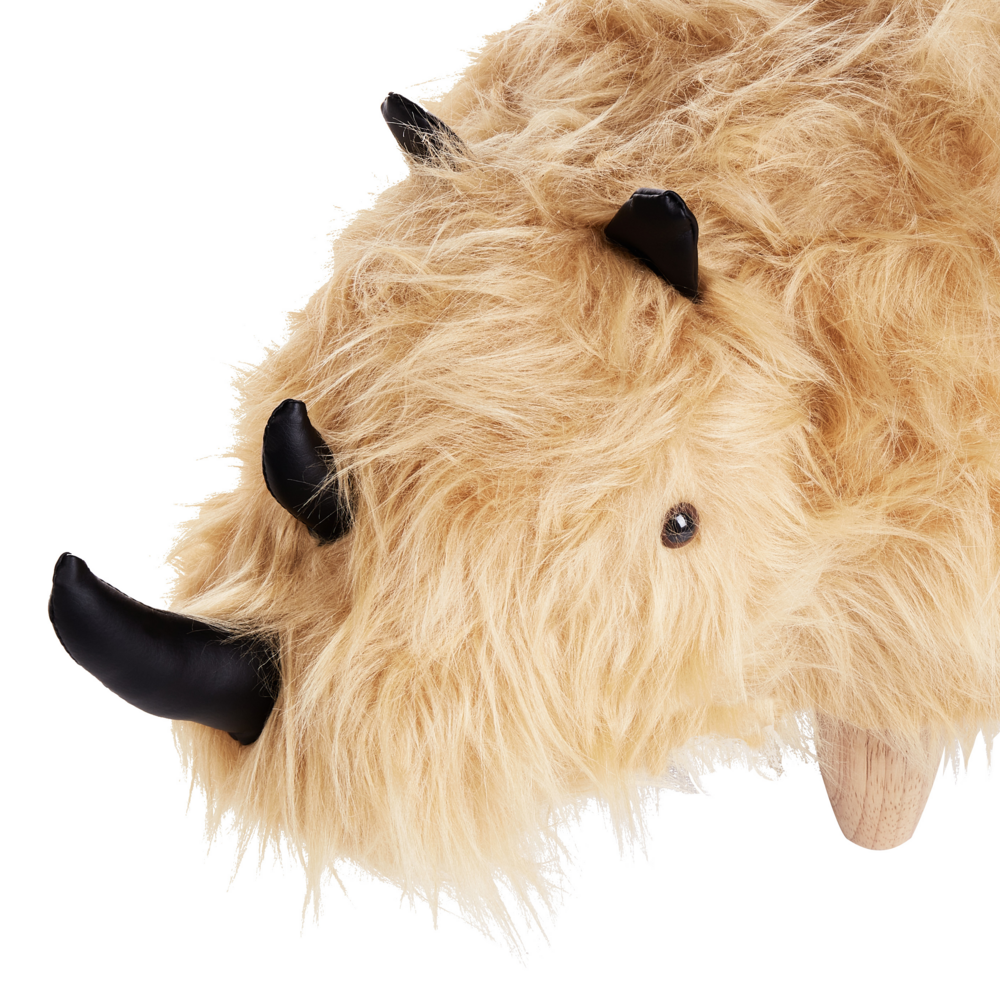 Sgabello per bambini con animali Rhino Sand Beige Pelliccia sintetica con gambe in legno imbottite Poggiapiedi per la cameretta dei bambini