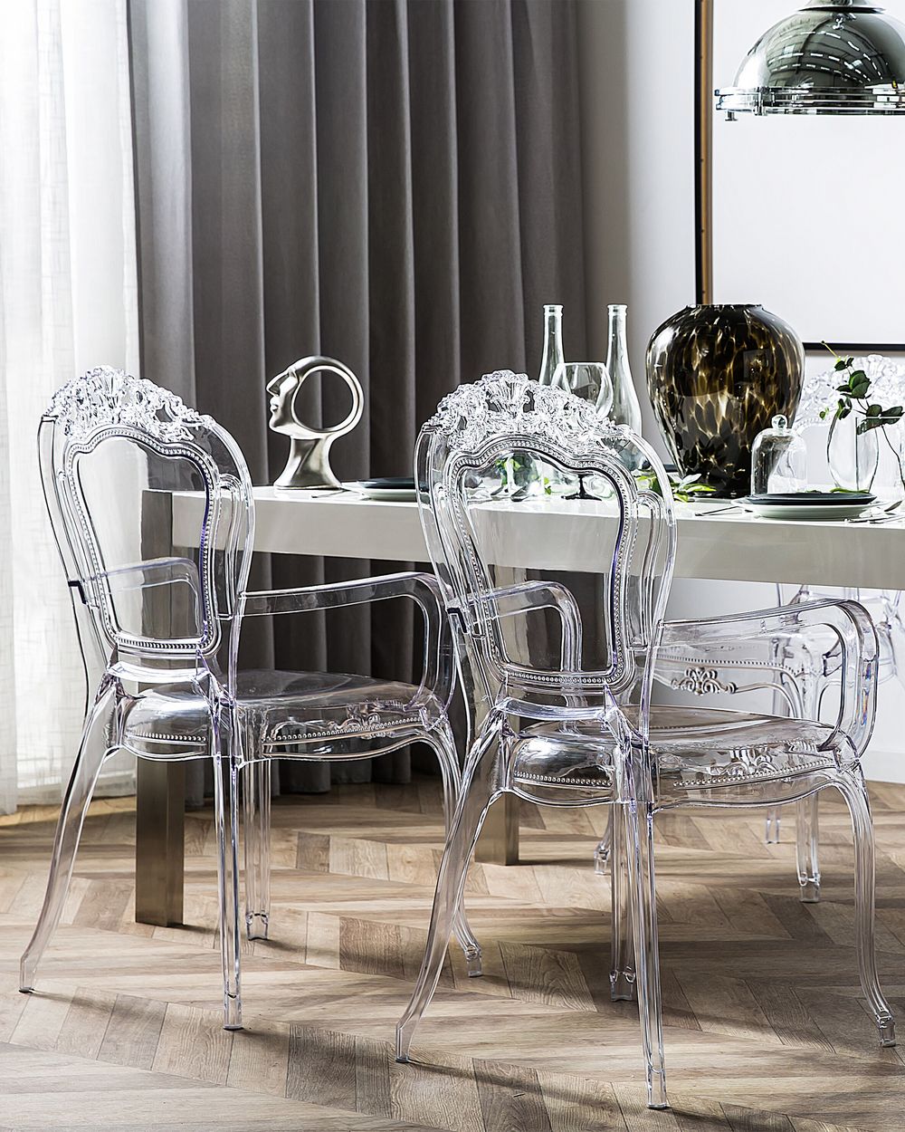 Set di 2 sedie da pranzo in acrilico trasparente con schienale solido impilabili dal design moderno vintage