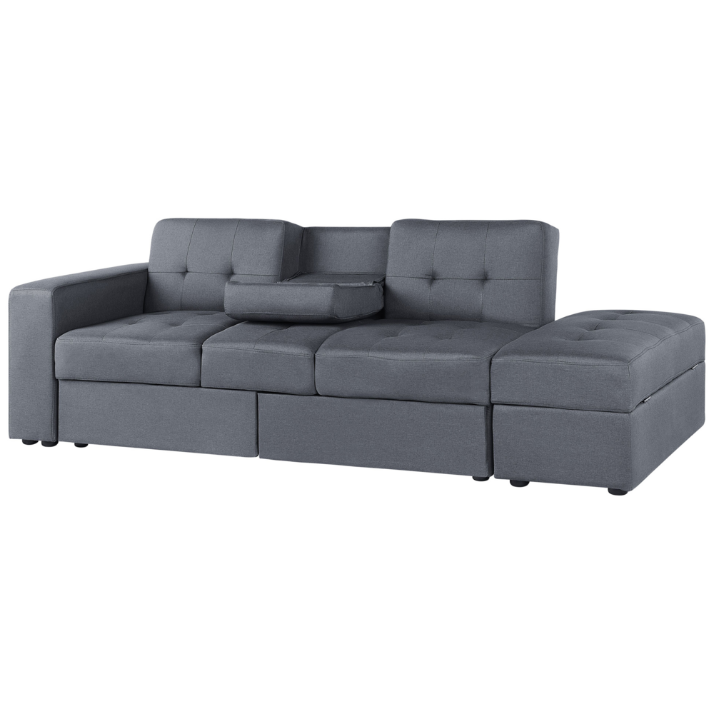 Divano letto componibile ottomana contenitore grigio scuro cassetti estraibili Click Clack vassoio ribaltabile portabicchieri