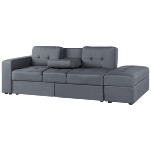 Divano letto componibile ottomana contenitore grigio scuro cassetti estraibili Click Clack vassoio ribaltabile portabicchieri