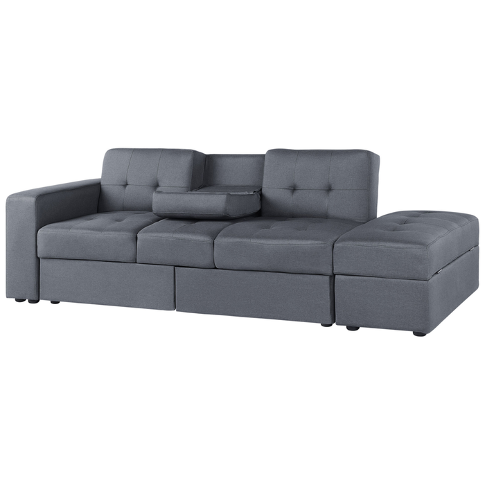 Divano letto componibile ottomana contenitore grigio scuro cassetti estraibili Click Clack vassoio ribaltabile portabicchieri