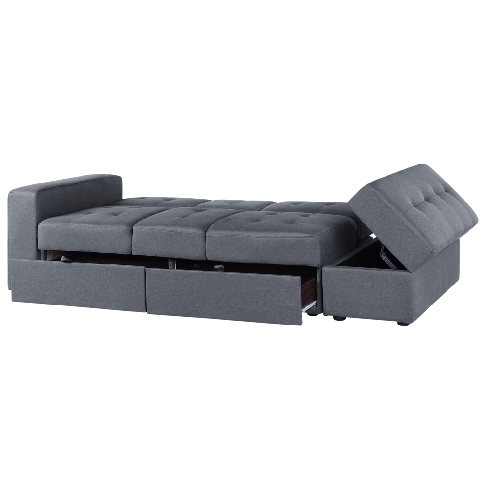 Divano letto componibile ottomana contenitore grigio scuro cassetti estraibili Click Clack vassoio ribaltabile portabicchieri