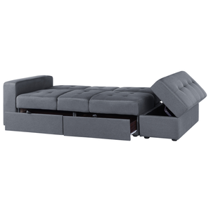 Divano letto componibile ottomana contenitore grigio scuro cassetti estraibili Click Clack vassoio ribaltabile portabicchieri