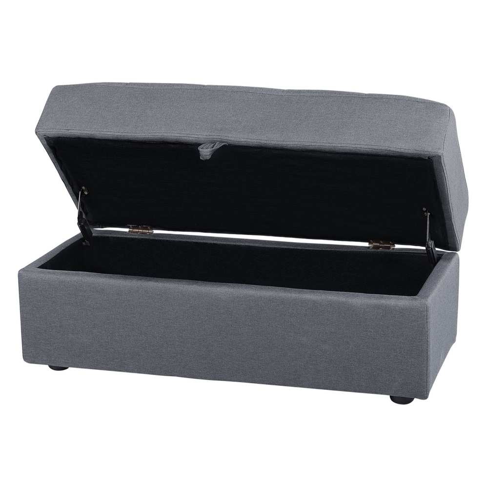 Divano letto componibile ottomana contenitore grigio scuro cassetti estraibili Click Clack vassoio ribaltabile portabicchieri