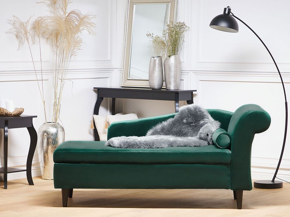 Chaise longue rivestimento in velluto verde con contenitore a versione destra con cuscino