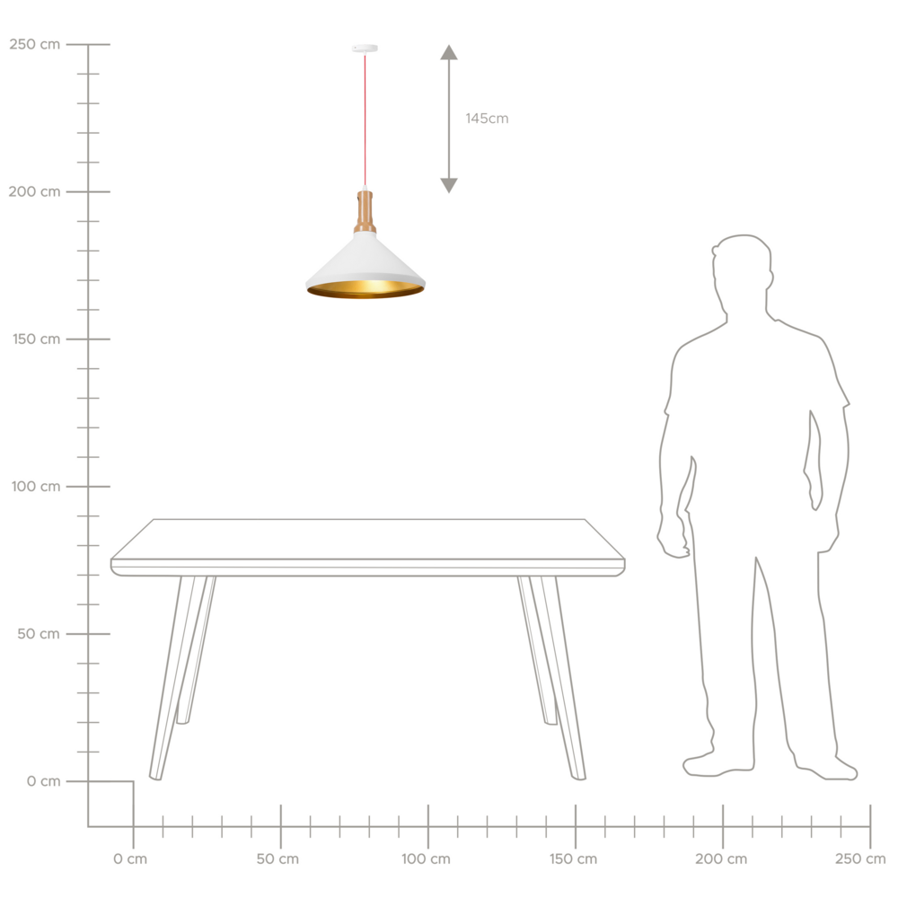 Lampada a Sospensione a Sospensione bianco con Paralume Conico in Alluminio dorato e Legno Chiaro di Design Industriale