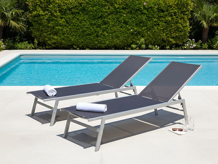 Lettino prendisole Struttura in acciaio Nero e argento Schienale regolabile Resistente ai raggi UV