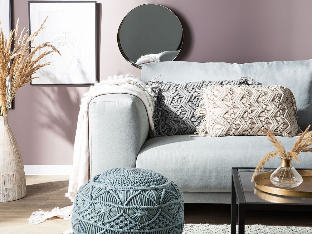 Cuscino Decorativo Grigio Cotone Macramè 30 x 45 cm con Nappe Corda Boho Retro Decor Accessori