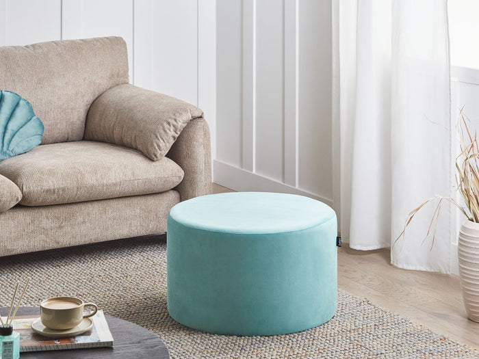 Pouf ottomana poggiapiedi rotondo in velluto di colore verde menta in stile Glam elegante