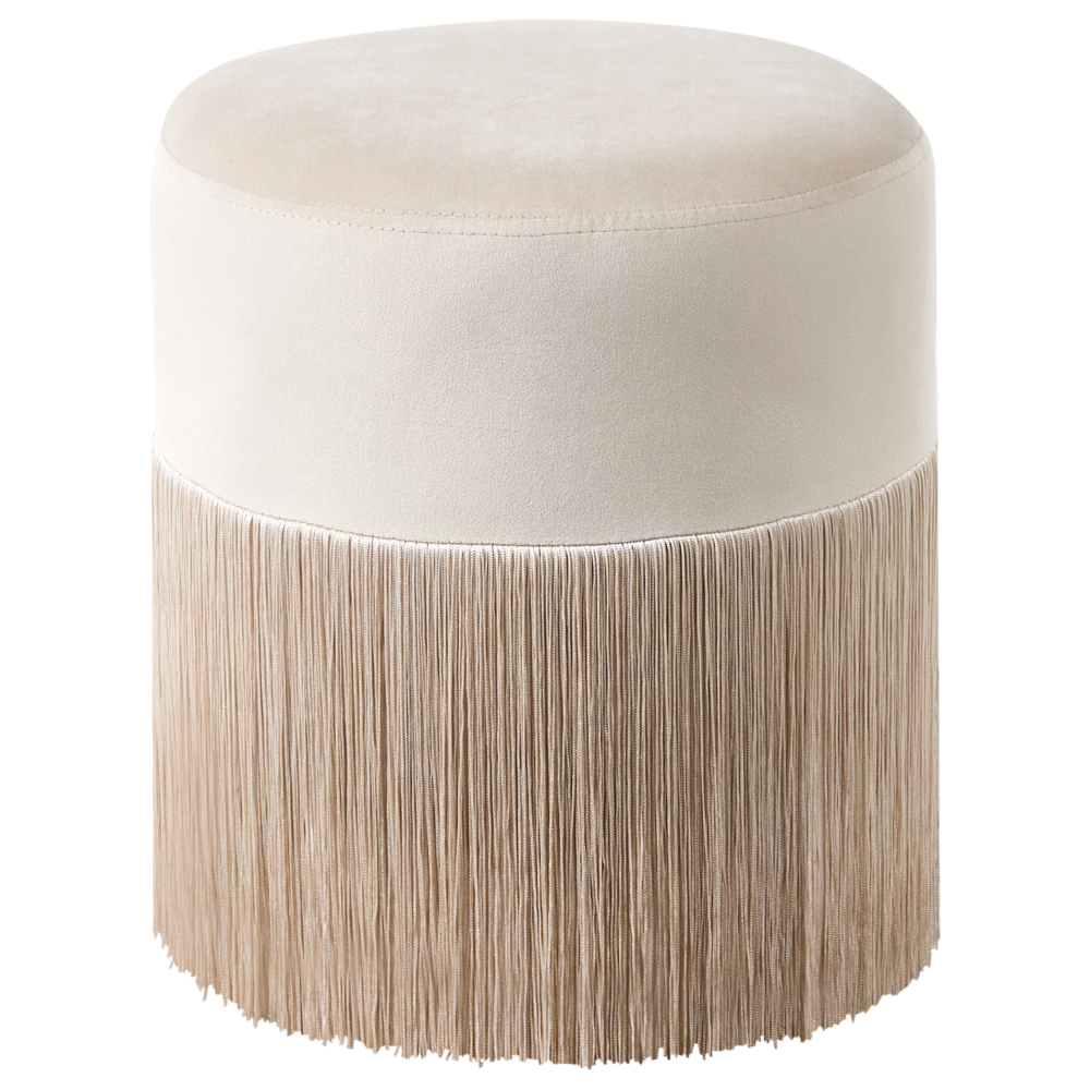 Pouf ottomana rotondo in velluto beige con pouf Glam con nappe