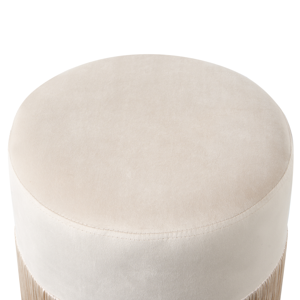Pouf ottomana rotondo in velluto beige con pouf Glam con nappe