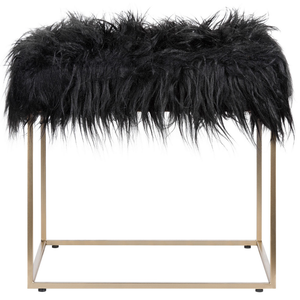 Poggiapiedi in finta pelliccia Nero con base in metallo dorato Sgabello da toeletta in Tappeto finta pelle di montone Glam Modern