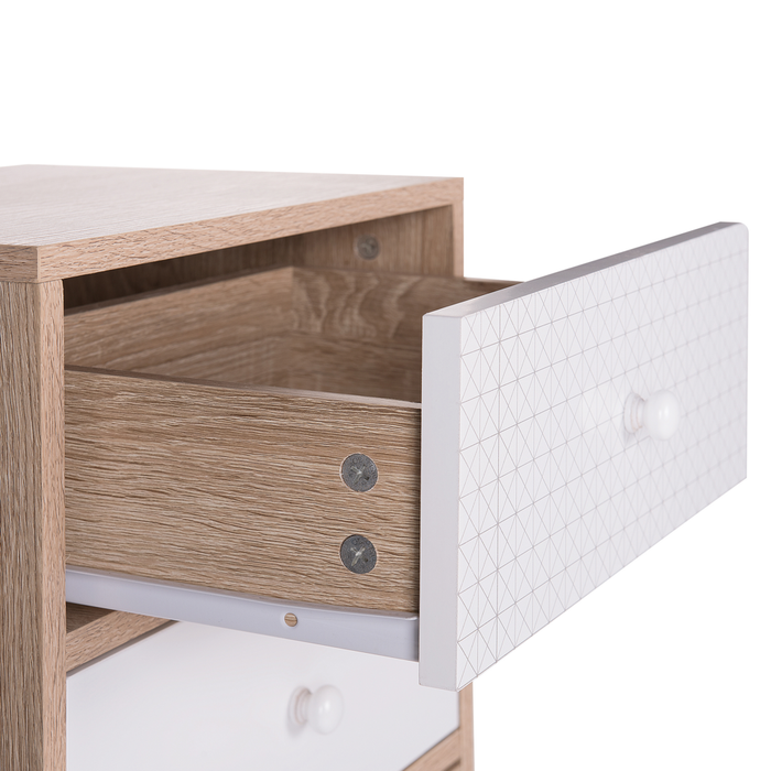 Cassettiera in legno chiaro con design scandinavo a 5 cassetti in legno bianco e grigio