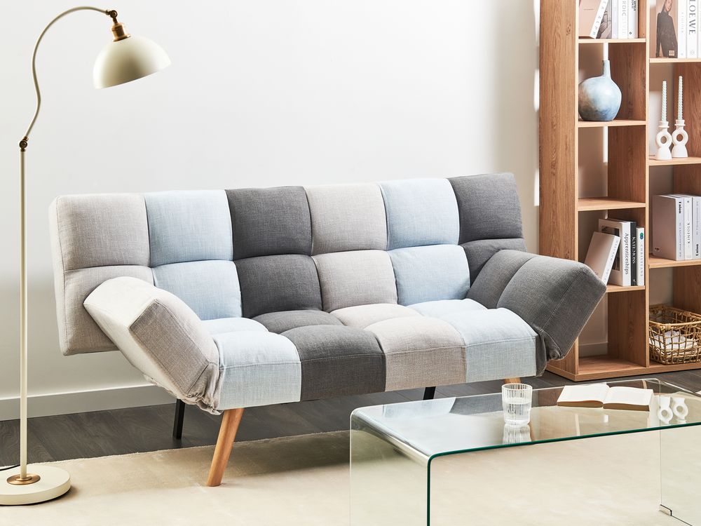 Divano Letto Multicolore Tessuto Patchwork Imbottito A 3 Posti Schienale Reclinabile Quadrato Trapuntato