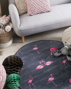 Tappeto Rotondo Stampato Fenicotteri Grigio e Rosa ø 120 cm pelo corto per Bambini
