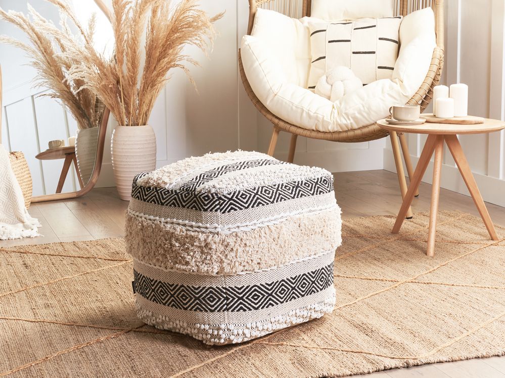 Pouf Beige Cotone Beige Chiaro Motivo Geometrico in stile Boho moderno