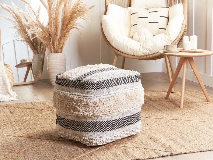 Pouf Beige Cotone Beige Chiaro Motivo Geometrico in stile Boho moderno