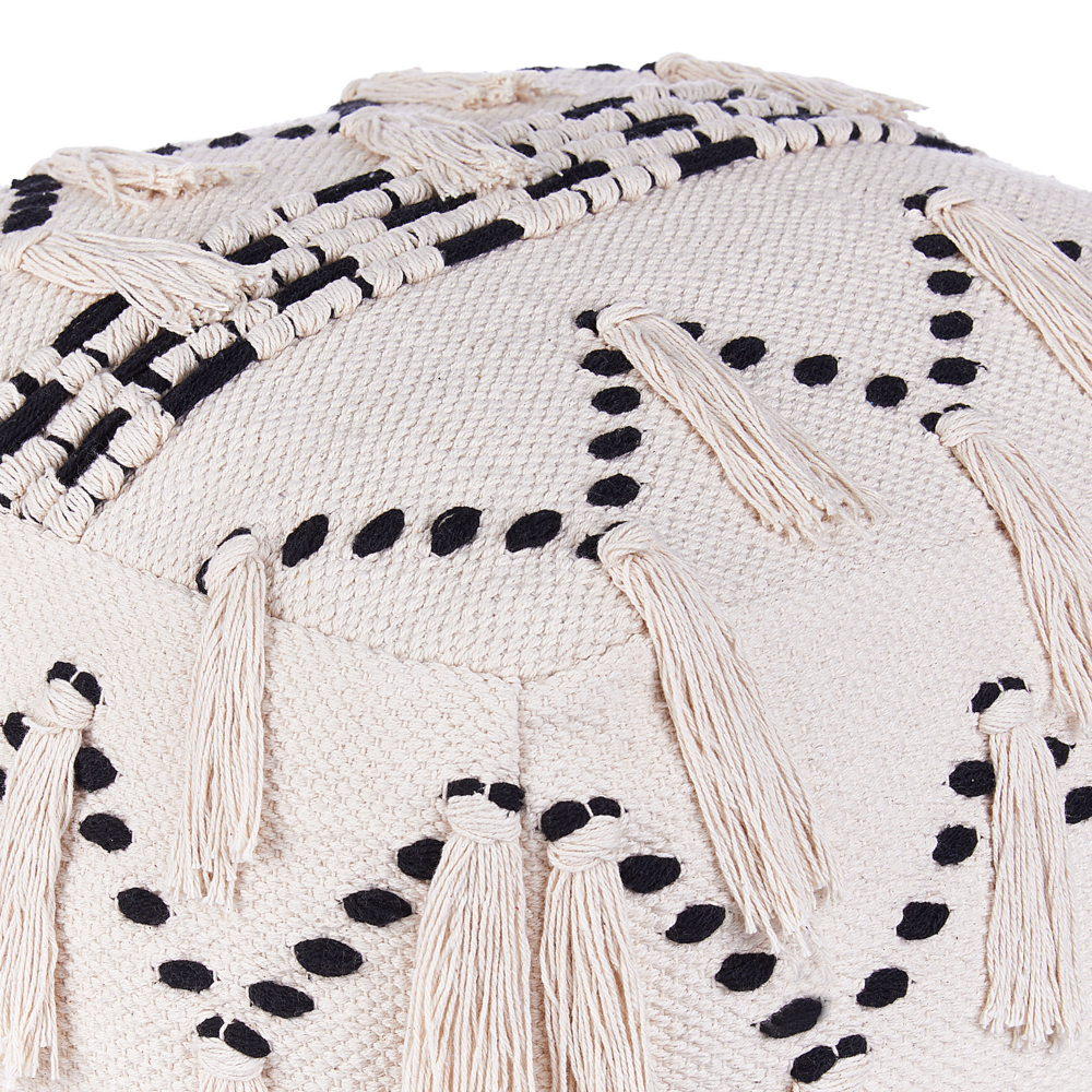 Pouf beige con nappe decorative in maglia di cotone Nero Boho Design