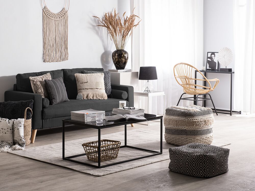 Divano in tessuto Rivestimento in tessuto Nero a 2 posti capitonné con due sostegni