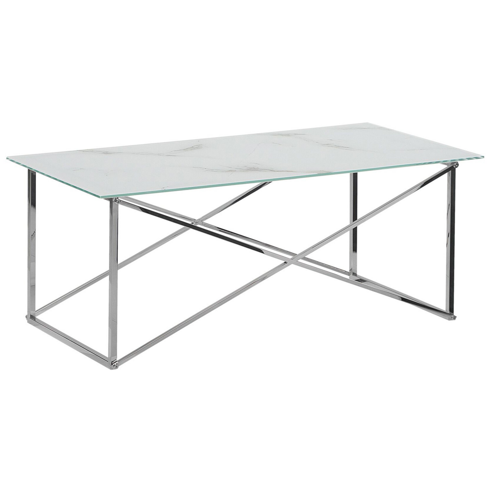 Tavolino Rettangolare Effetto Marmo Piano Bianco Gambe Argento Piano Vetro Temperato Base Acciaio Inox 100 x 50 cm Glam Minimalista