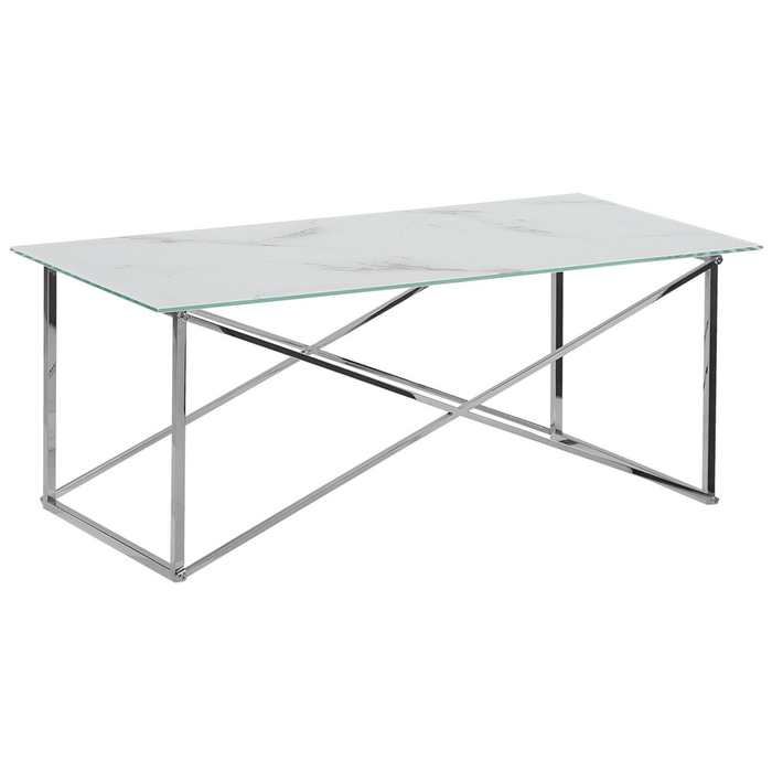 Tavolino Rettangolare Effetto Marmo Piano Bianco Gambe Argento Piano Vetro Temperato Base Acciaio Inox 100 x 50 cm Glam Minimalista