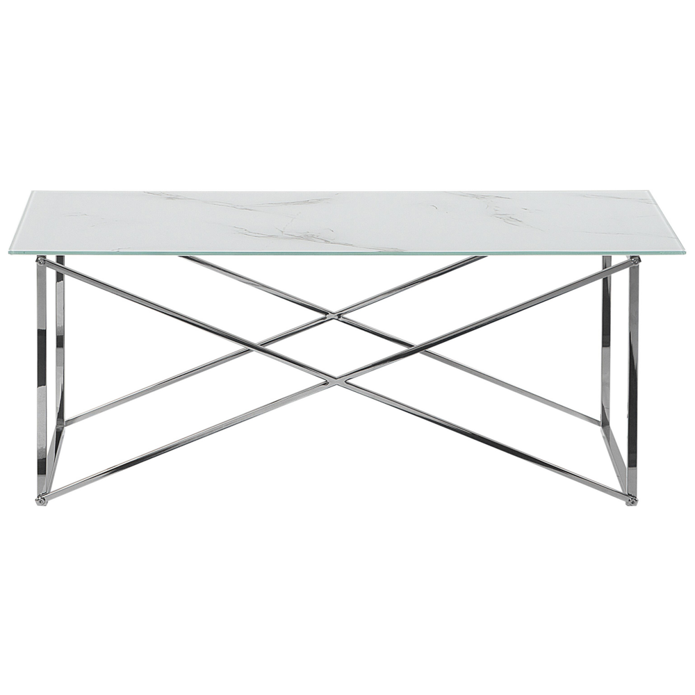 Tavolino Rettangolare Effetto Marmo Piano Bianco Gambe Argento Piano Vetro Temperato Base Acciaio Inox 100 x 50 cm Glam Minimalista