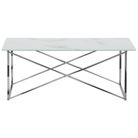 Tavolino Rettangolare Effetto Marmo Piano Bianco Gambe Argento Piano Vetro Temperato Base Acciaio Inox 100 x 50 cm Glam Minimalista