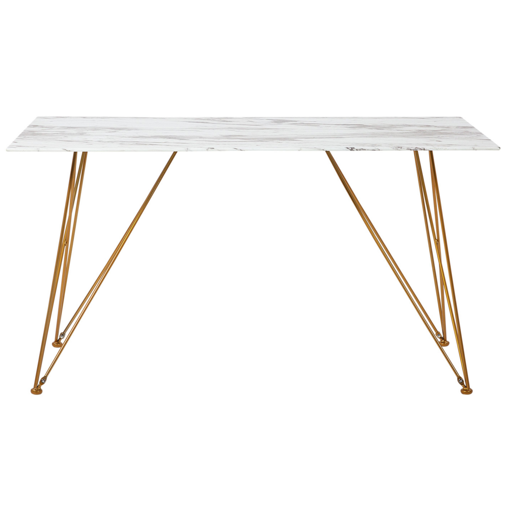 Tavolo da Pranzo Effetto Marmo Bianco con Piano in Vetro Temperato dorato Gambe in Metallo 140 x 80 cm Glam Soggiorno