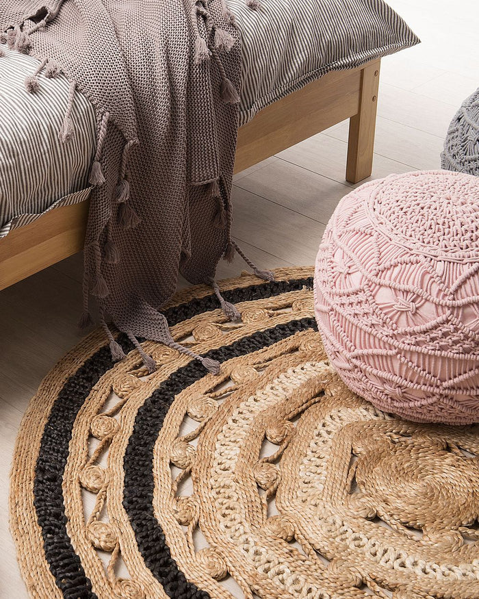 Tappeto Beige con Intrecciato Nero Boho Rustico Camera da Letto Soggiorno Salotto 140 cm