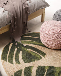 Tappeto in iuta con motivo floreale verde 140 cm Boho rustico intrecciato a foglie di Monstera con motivo stampato INCIK