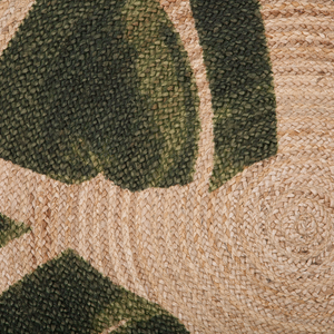 Tappeto in iuta con motivo floreale verde 140 cm Boho rustico intrecciato a foglie di Monstera con motivo stampato INCIK
