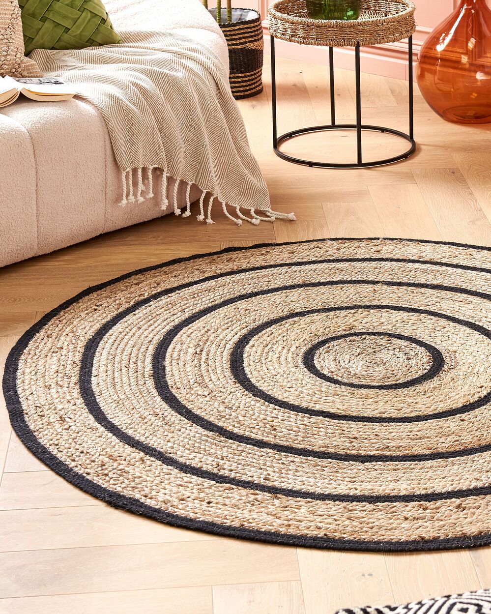 Tappeto tappetino Beige Nero Rotondo 140 cm Boho Rustico Cotone Intrecciato A Spirale Iuta