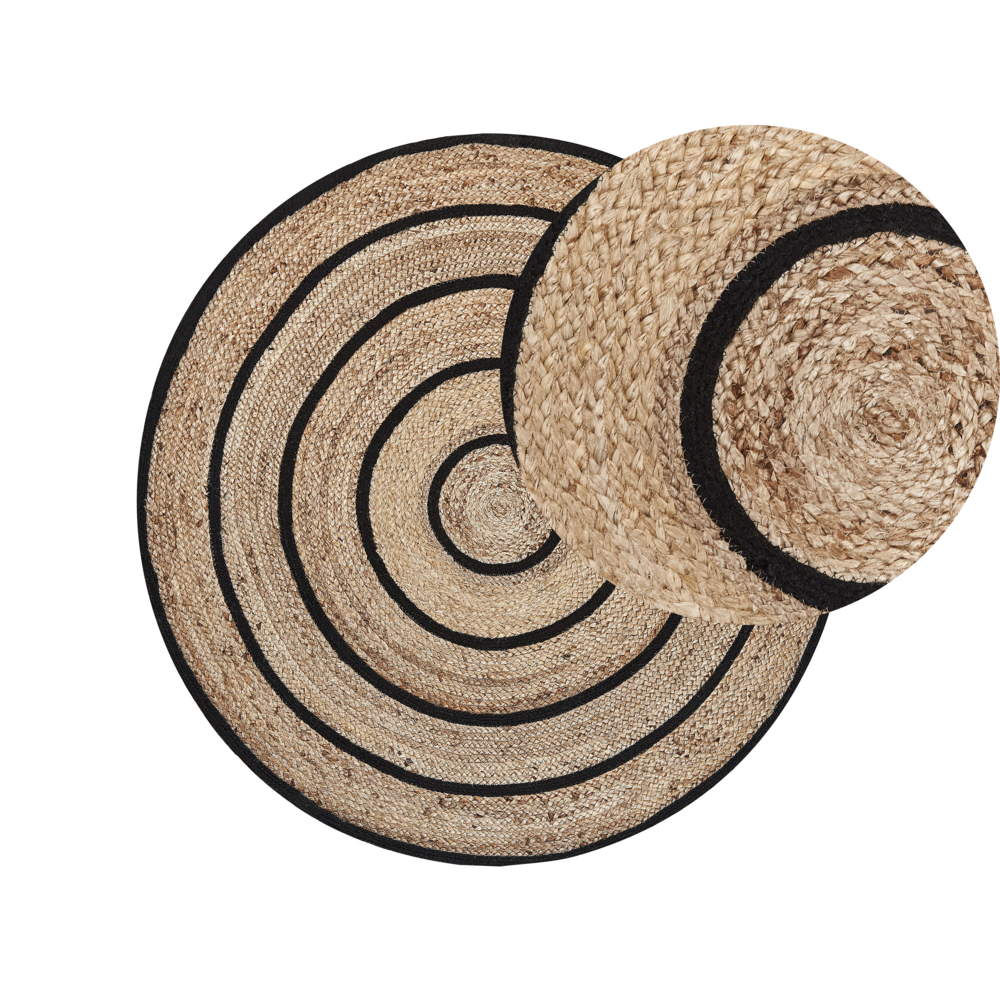 Tappeto tappetino Beige Nero Rotondo 140 cm Boho Rustico Cotone Intrecciato A Spirale Iuta