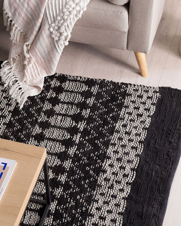 Tappeto tappetino Nero con Rettangolo Bianco 140 x 200 cm Moderno Contemporaneo Telato a mano in pelle di cotone fatto a mano