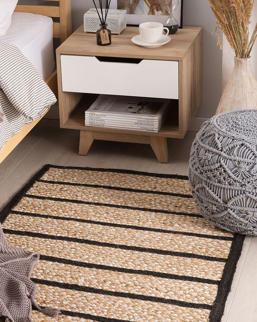 Tappeto tappetino Tappeto Nero e Beige Cotone Juta Rigato 80 x 150 cm Rustic Boho