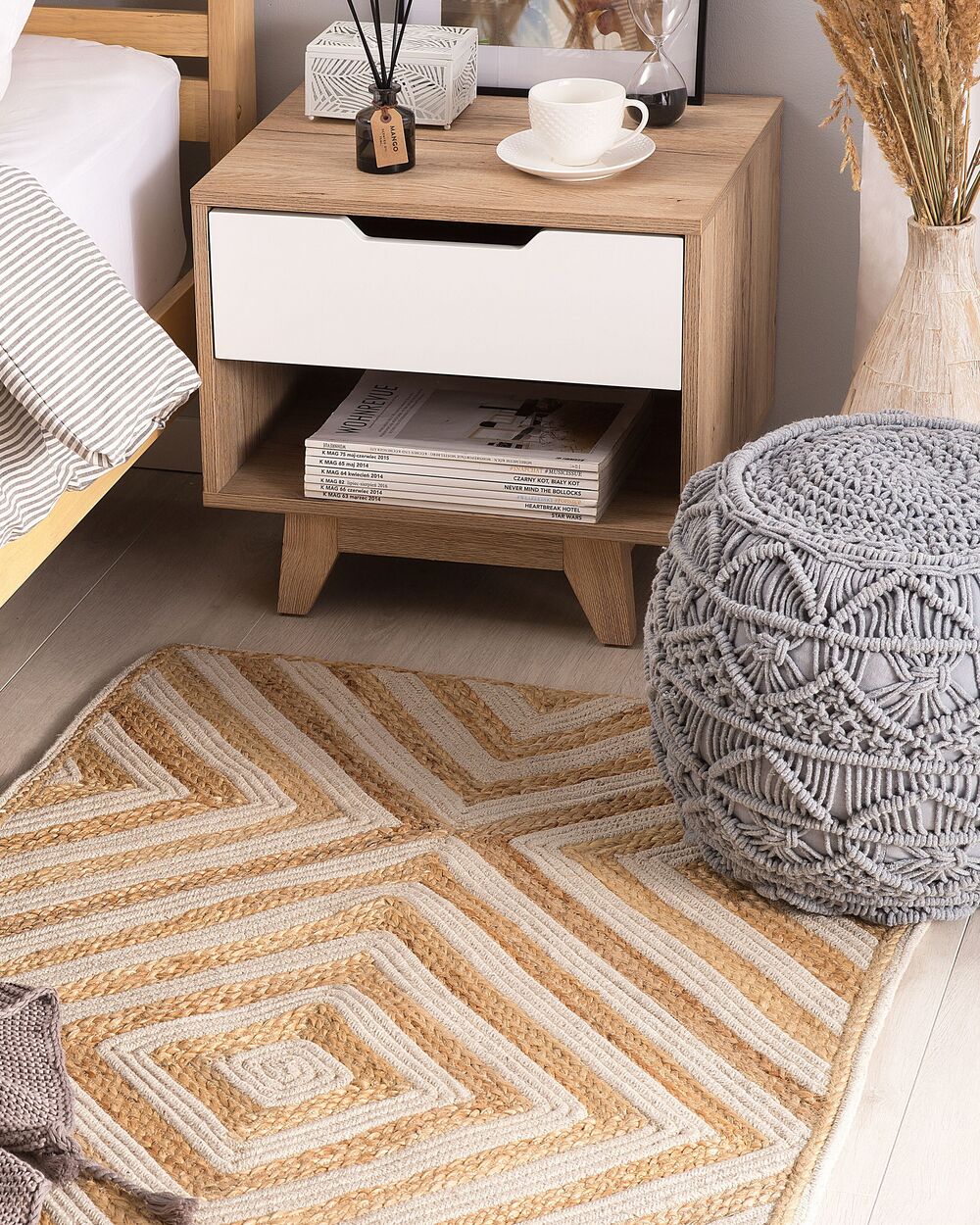 Tappeto tappetino Tappeto Beige Cotone Iuta Motivo Geometrico 80 x 150 cm Rustic Boho