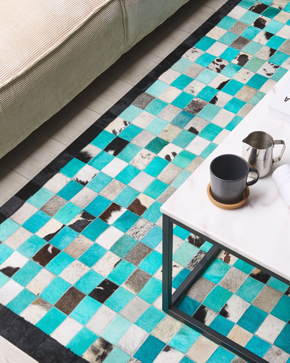 Tappeto tappetino Tappeto Turchese e Grigio Pelle Scacchi 160 x 230 cm Moderno Eclettico